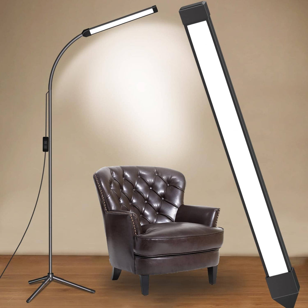 Adjustable LED floor lamp with tall slim light bar and tripod base for focused illumination