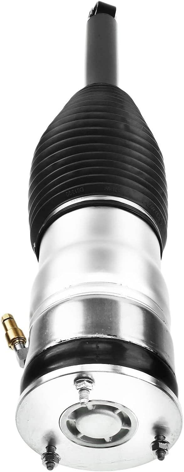Front view of rear air suspension strut with silver base, black bellows, and mounting eyelet