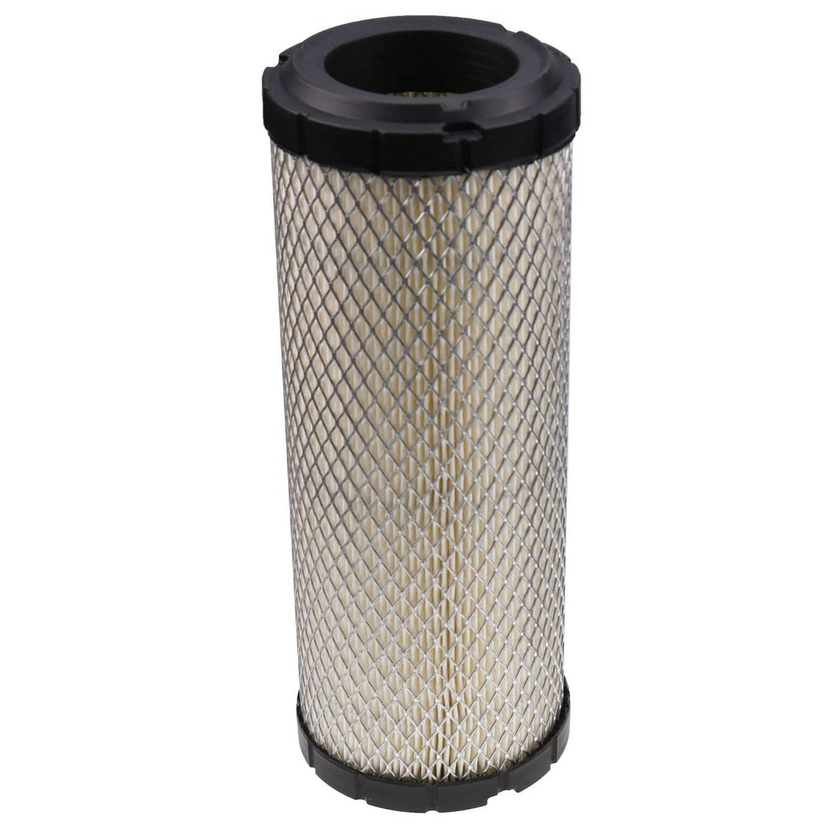 Standing air filter cartridge with white pleated mesh body and black top and base
