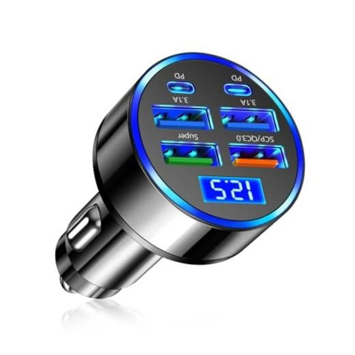 6-port car cigarette lighter adapter with blue LED ring and digital voltage display