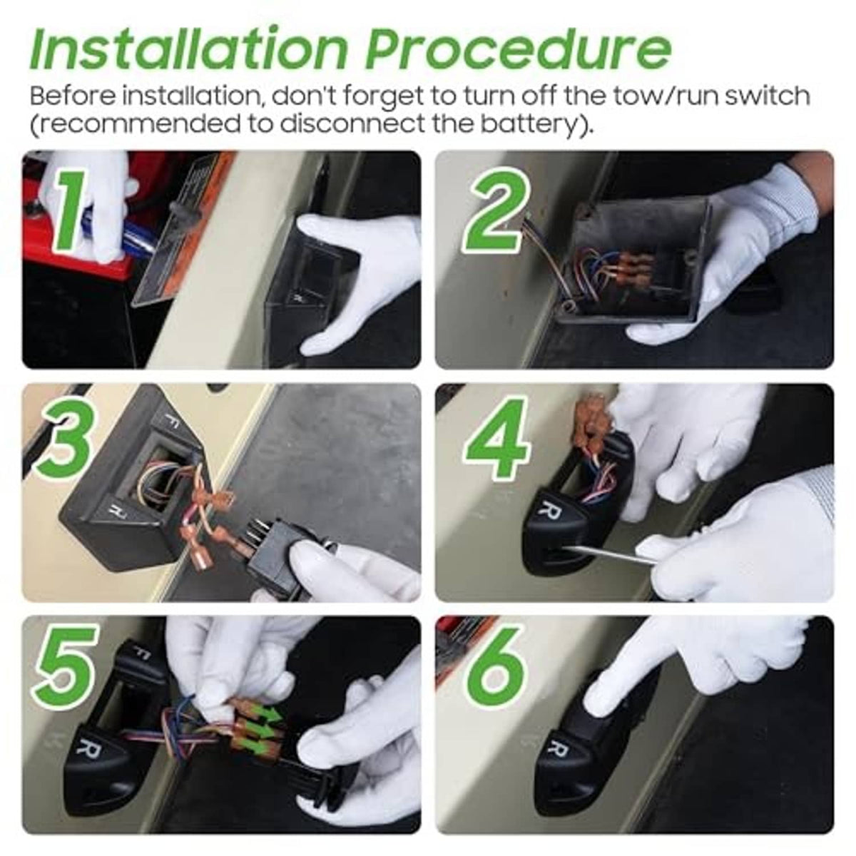 Forward reverse switch installation procedure showing hands and wiring connections