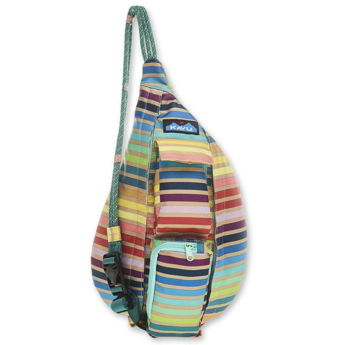 KAVU mini rope sling pack with rainbow striped body and front pocket, adjustable rope strap