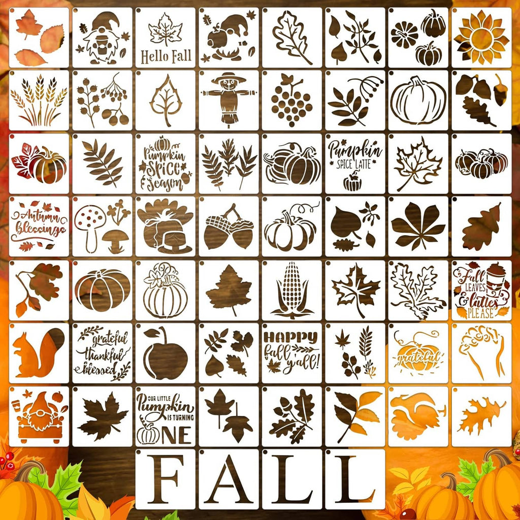 Reusable fall stencil set with pumpkins, leaves, acorns, and sun motifs