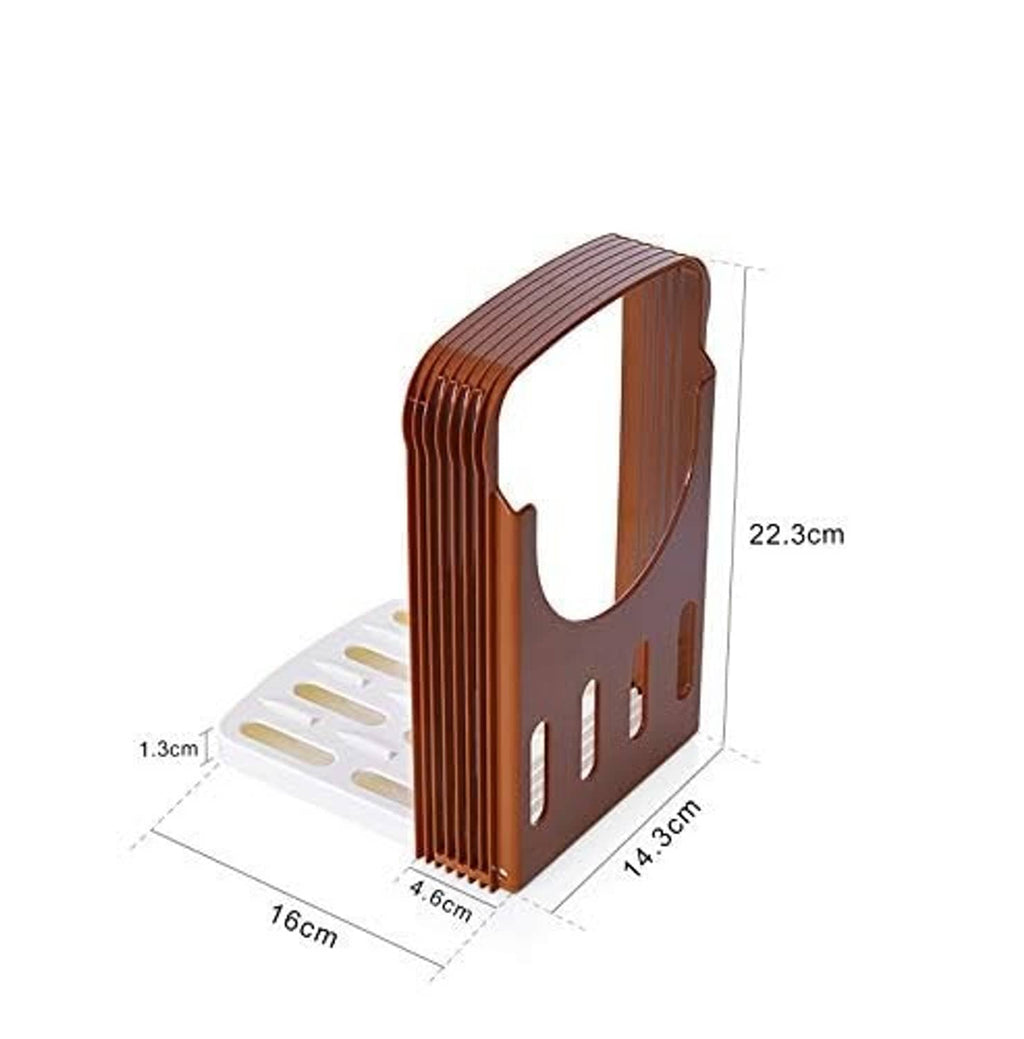 Brown foldable bread slicing guide with white base tray and side profile view