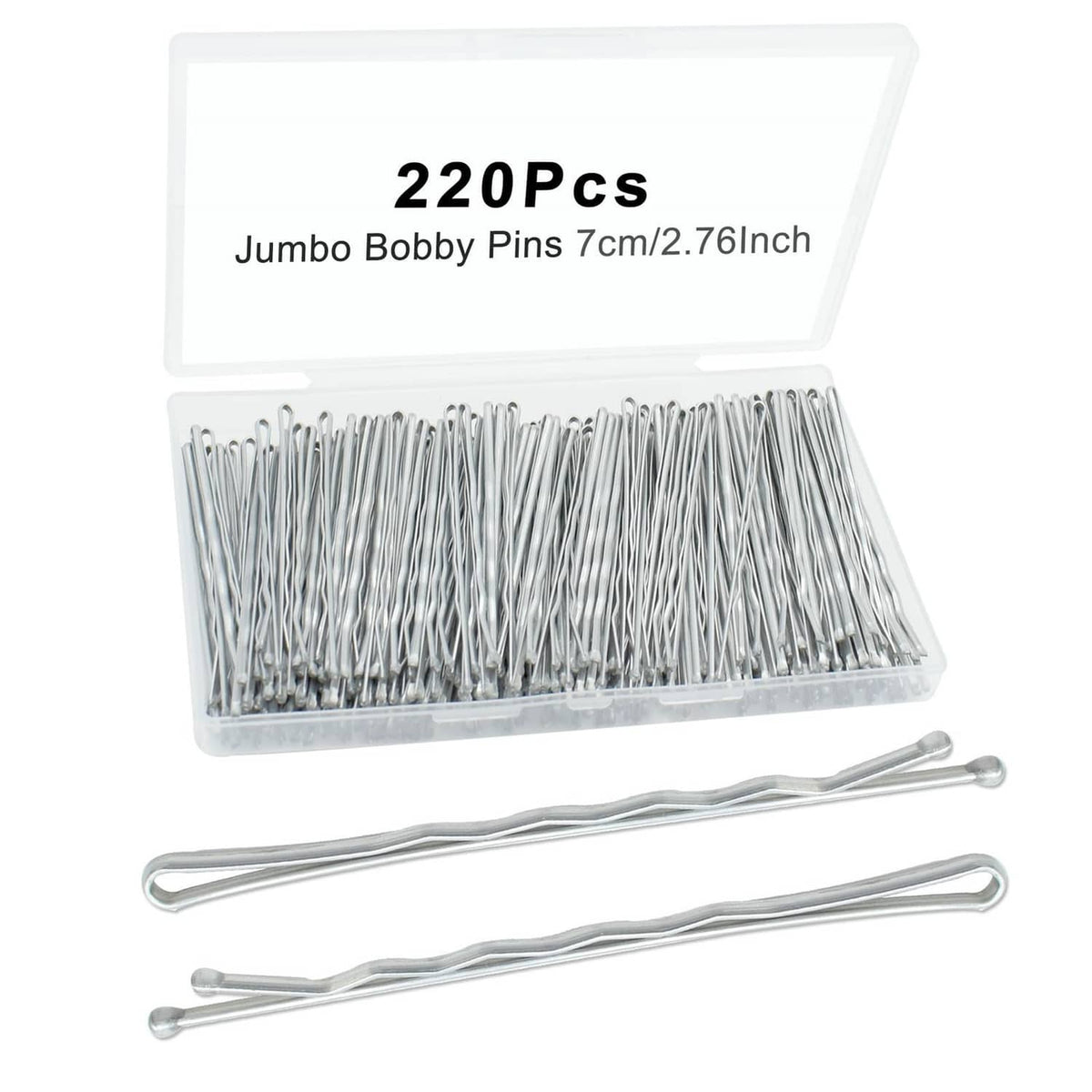 Set of 220 silver jumbo bobby pins with clear storage case, 2.76 in