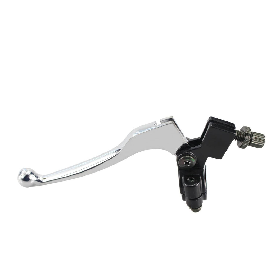 Silver left motorcycle folding brake lever with black clamp and pivot bolt