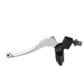 Silver left motorcycle folding brake lever with black clamp and pivot bolt