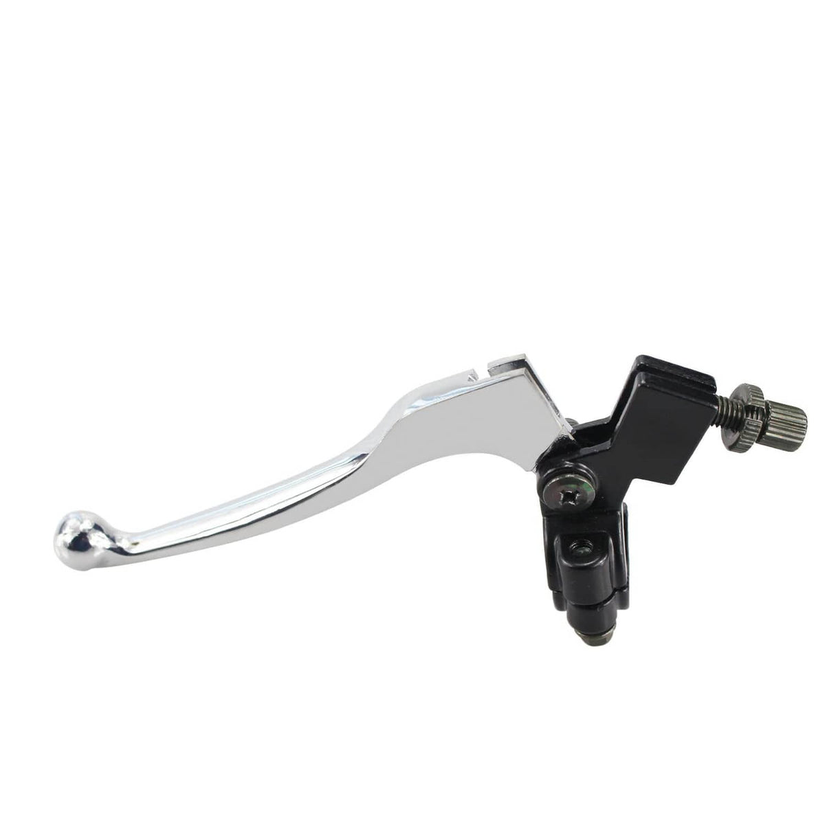 Silver left motorcycle folding brake lever with black clamp and pivot bolt