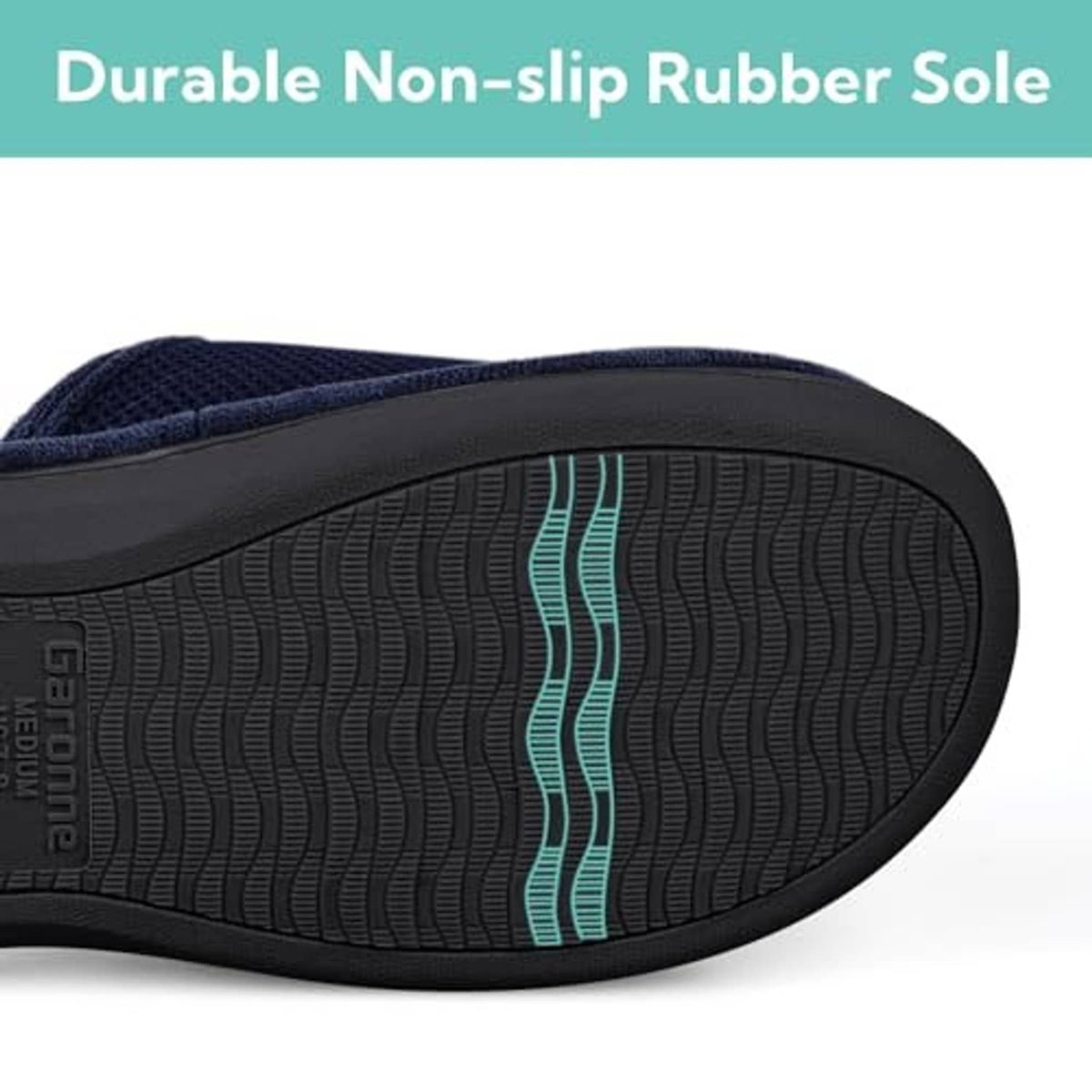 Navy slipper outsole with grippy rubber tread pattern