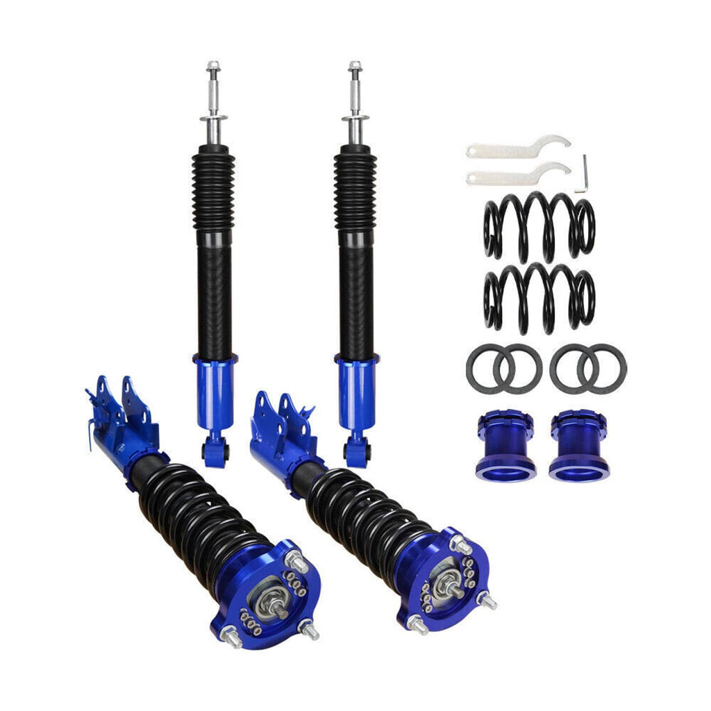 Four-piece coilover shock set with blue bases, plus springs and small mounting rings