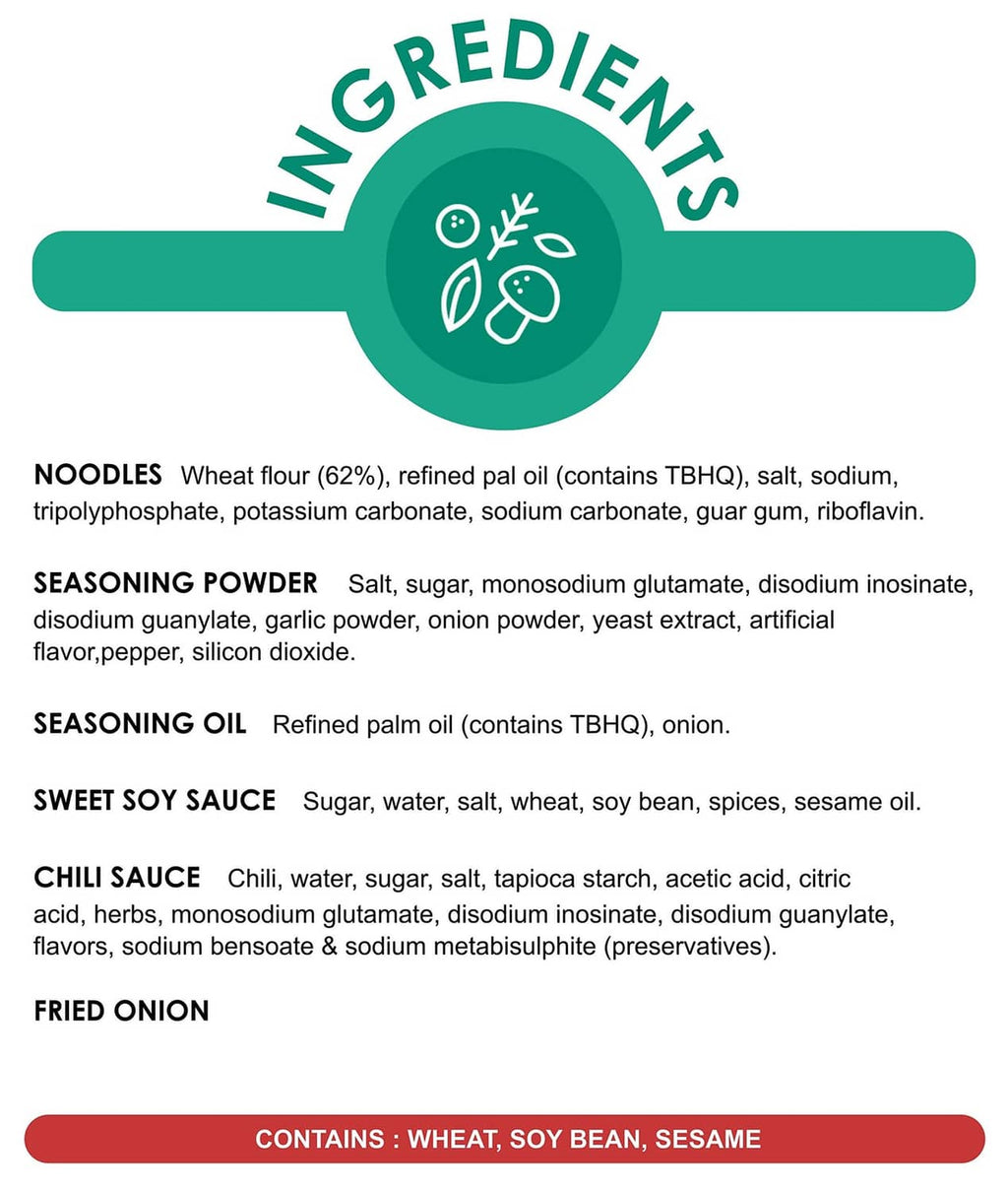 Ingredients label for noodles and sauces, includes chili sauce and fried onion; contains wheat/soy/sesame