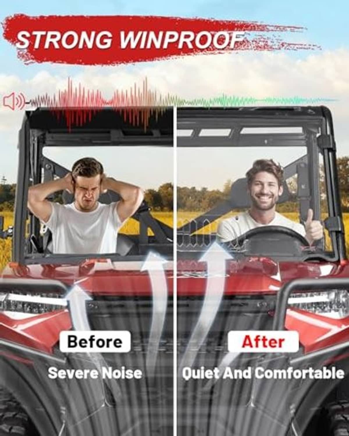 UTV full windshield installed with clear panels and black frame for wind reduction