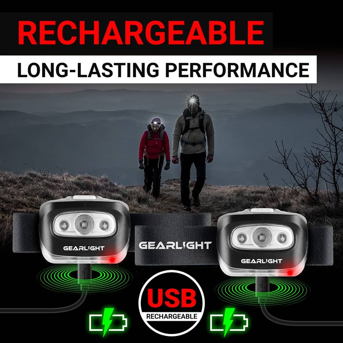 Black USB rechargeable headlamps with two white light beams on adjustable straps