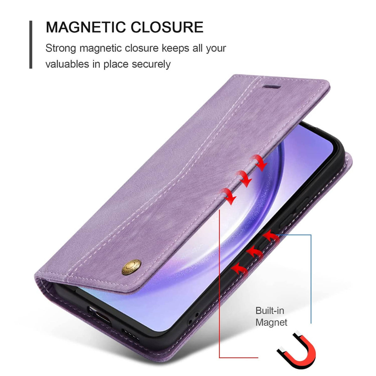 Purple magnetic-closure wallet case with built-in magnet and front cover folded around phone.