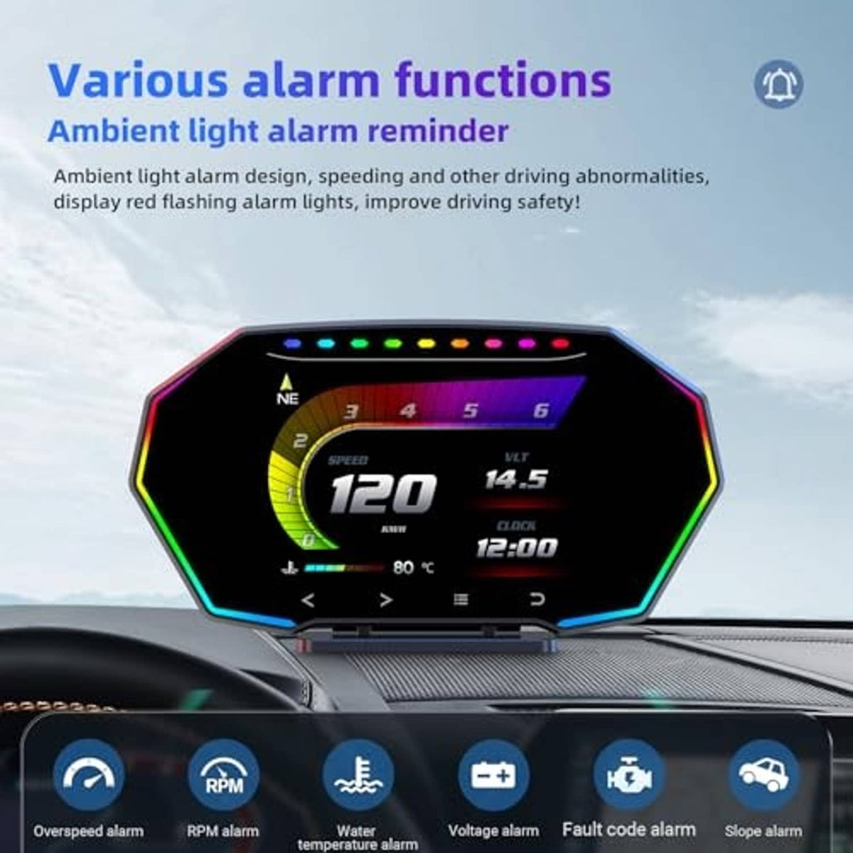 Car HUD display on dashboard with illuminated icon buttons for alarms