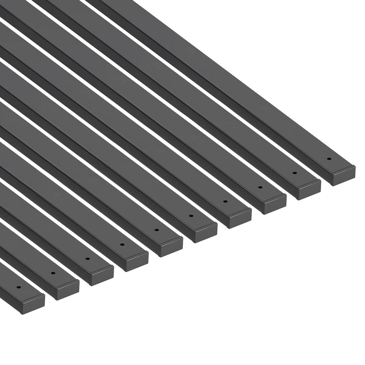 Black steel railing balusters, set of rectangular bars with evenly spaced mounting holes
