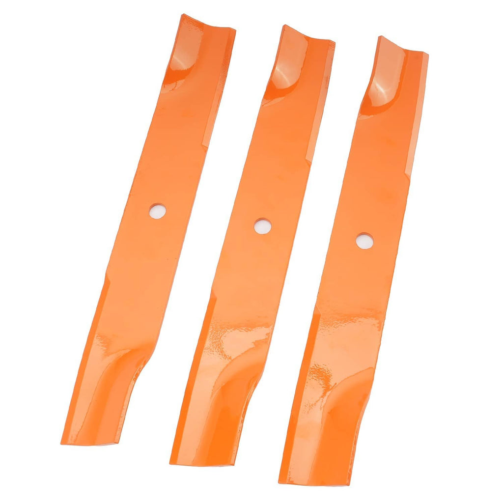 Three orange lawn mower blades with mounting holes for replacement set