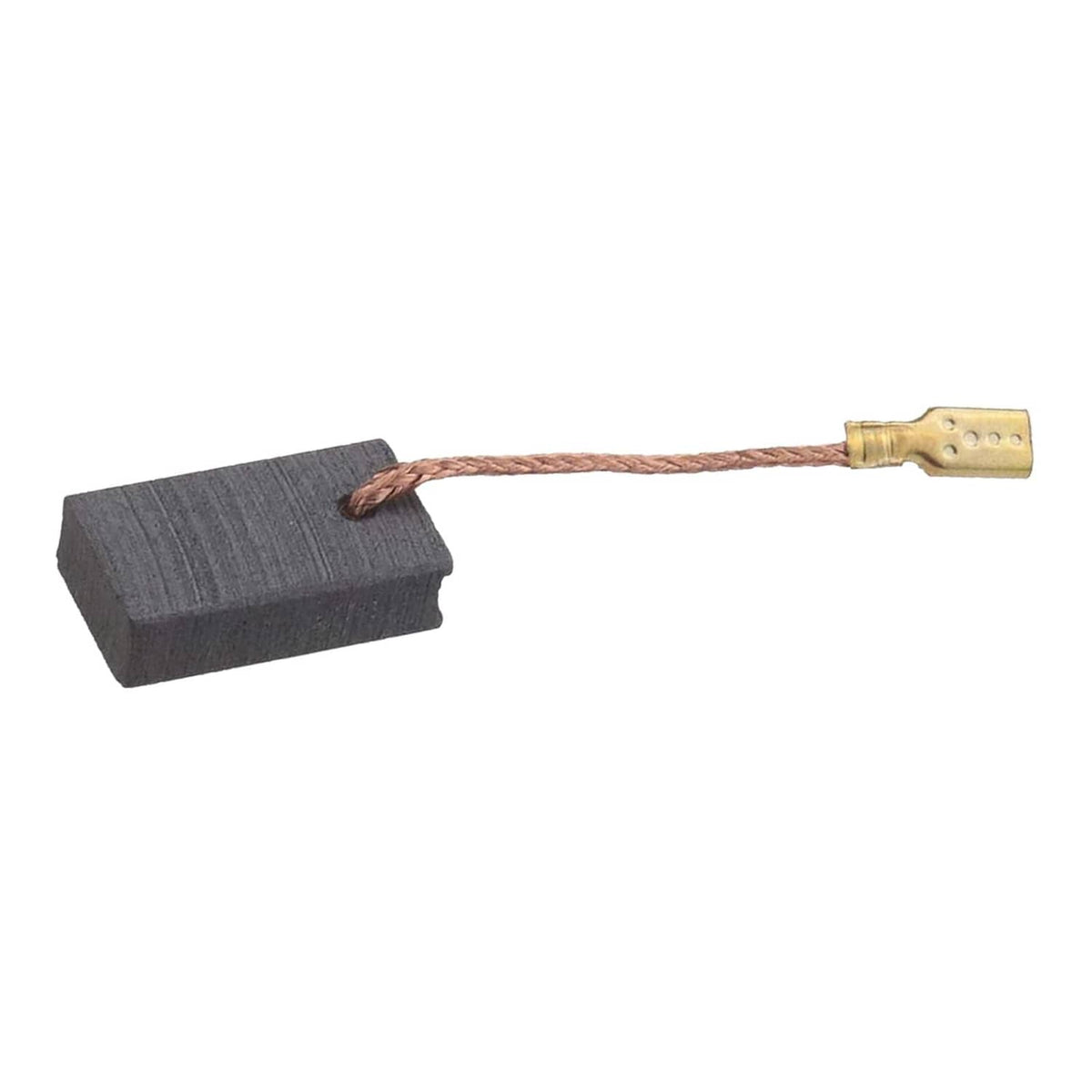 Single carbon brush with dark gray block, braided copper wire, and brass mounting tab