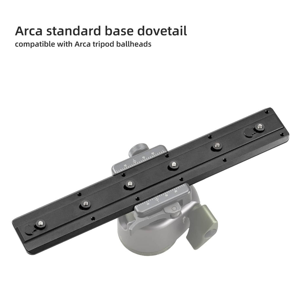 Black Arca-style base adapter plate attached to a tripod head mount
