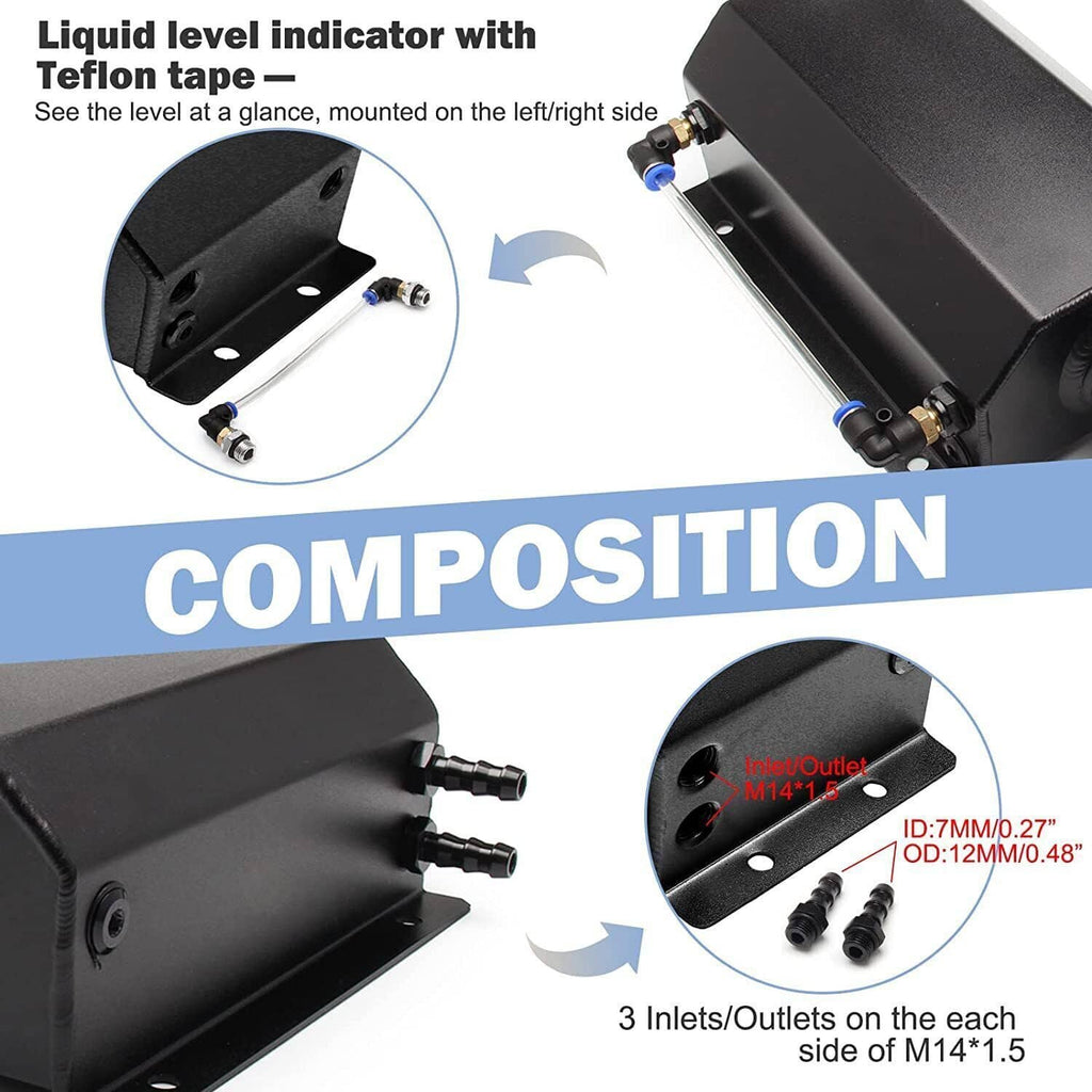 Black coolant reservoir tank with level sensor port and mounting bracket