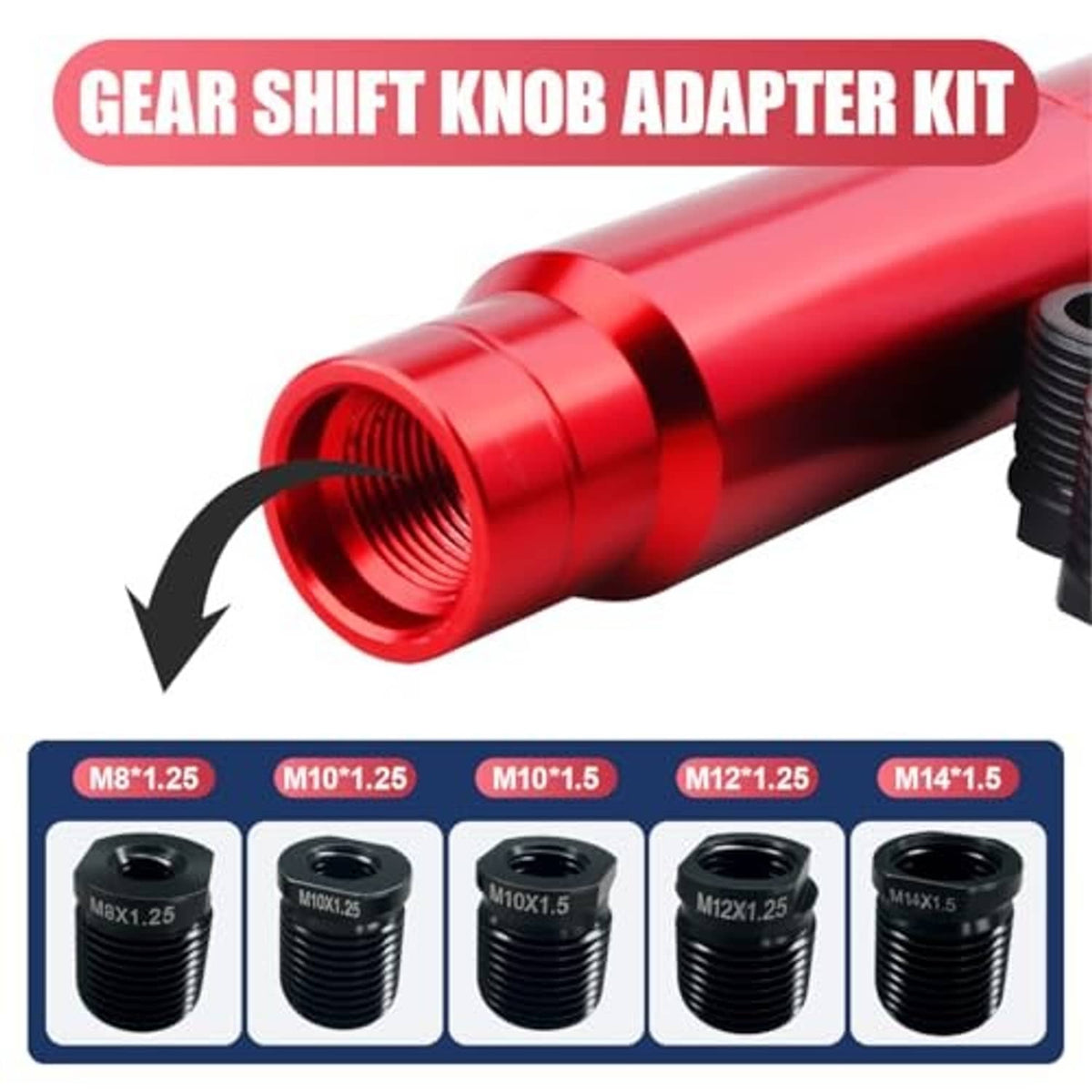 Black gear shift knob thread adapters kit showing M8x1.25, M10x1.25, M10x1.5, M12x1.25