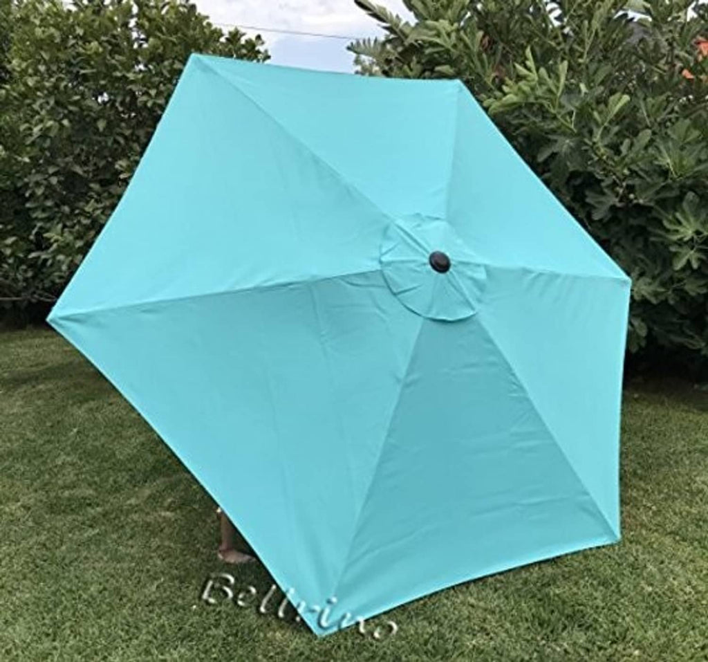 Peacock blue patio umbrella replacement canopy, center button and stitched seams