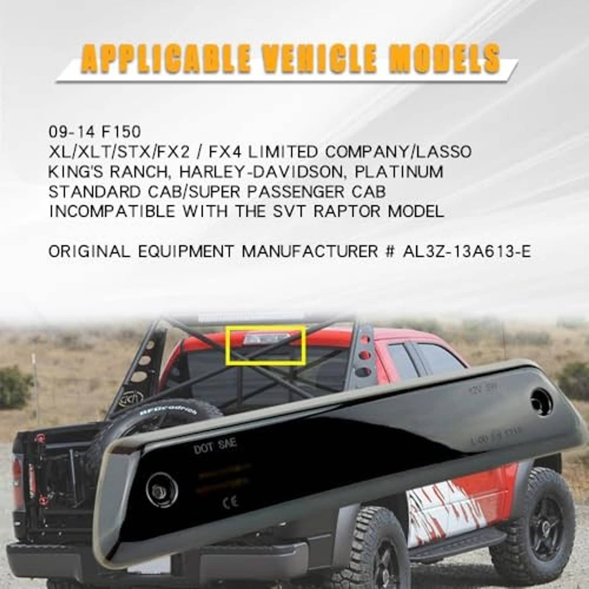 LED third brake light with black housing and highlighted mounting area on truck