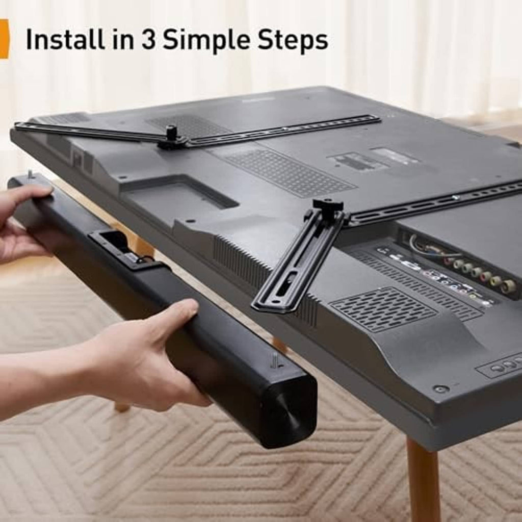 Soundbar mount bracket being attached to the underside of a soundbar