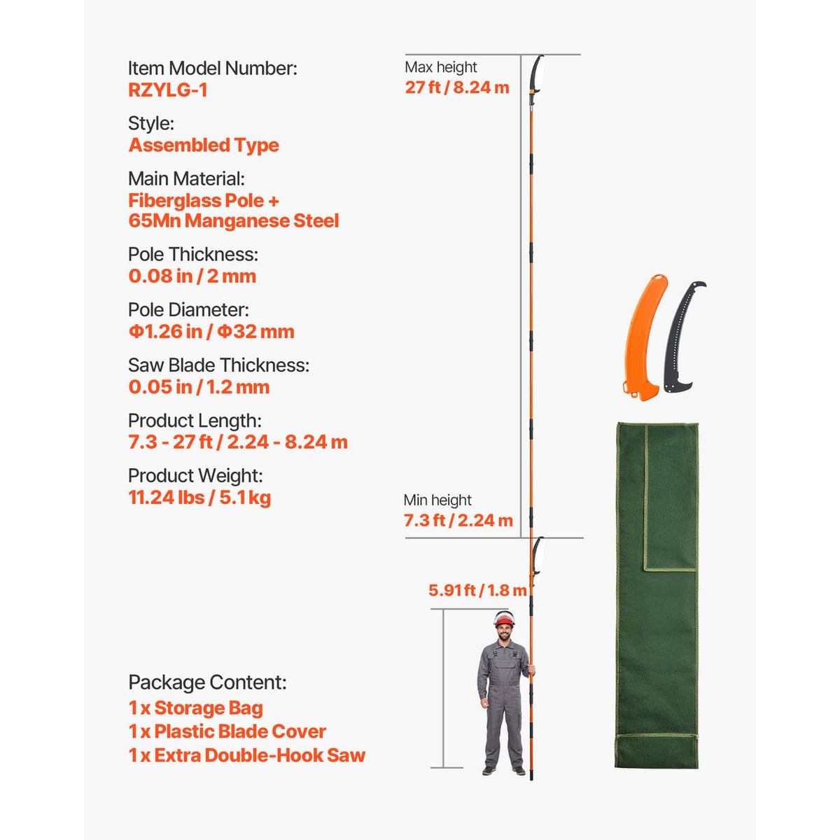 Extendable pole saw pruner with orange pole, black double-hook blade, and green blade cover bag