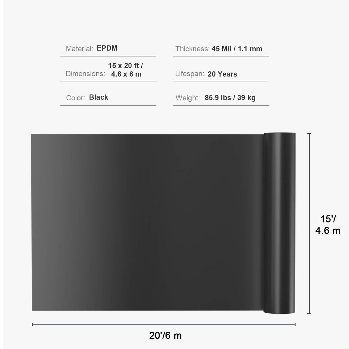 Black EPDM pond liner specifications sheet on roll, size 15 x 20 ft