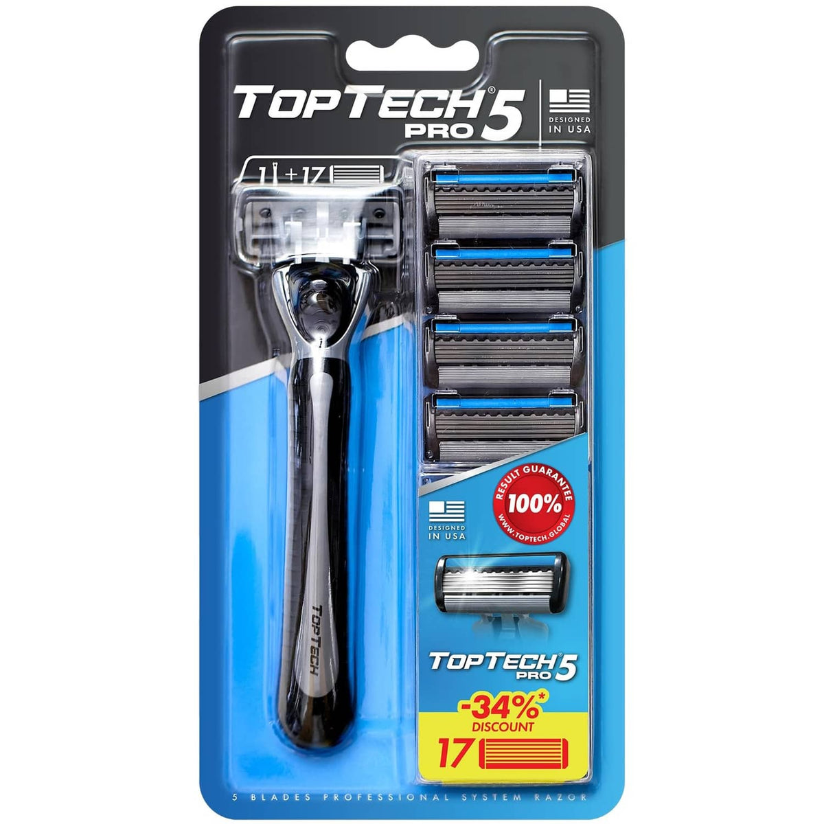 TopTech5 PRO 5 razor handle with 17 refill cartridges, retail blister pack