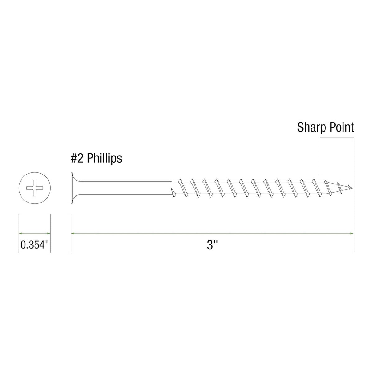 #2 Phillips gray exterior screw diagram, sharp point, 3 in length, #9 gauge.