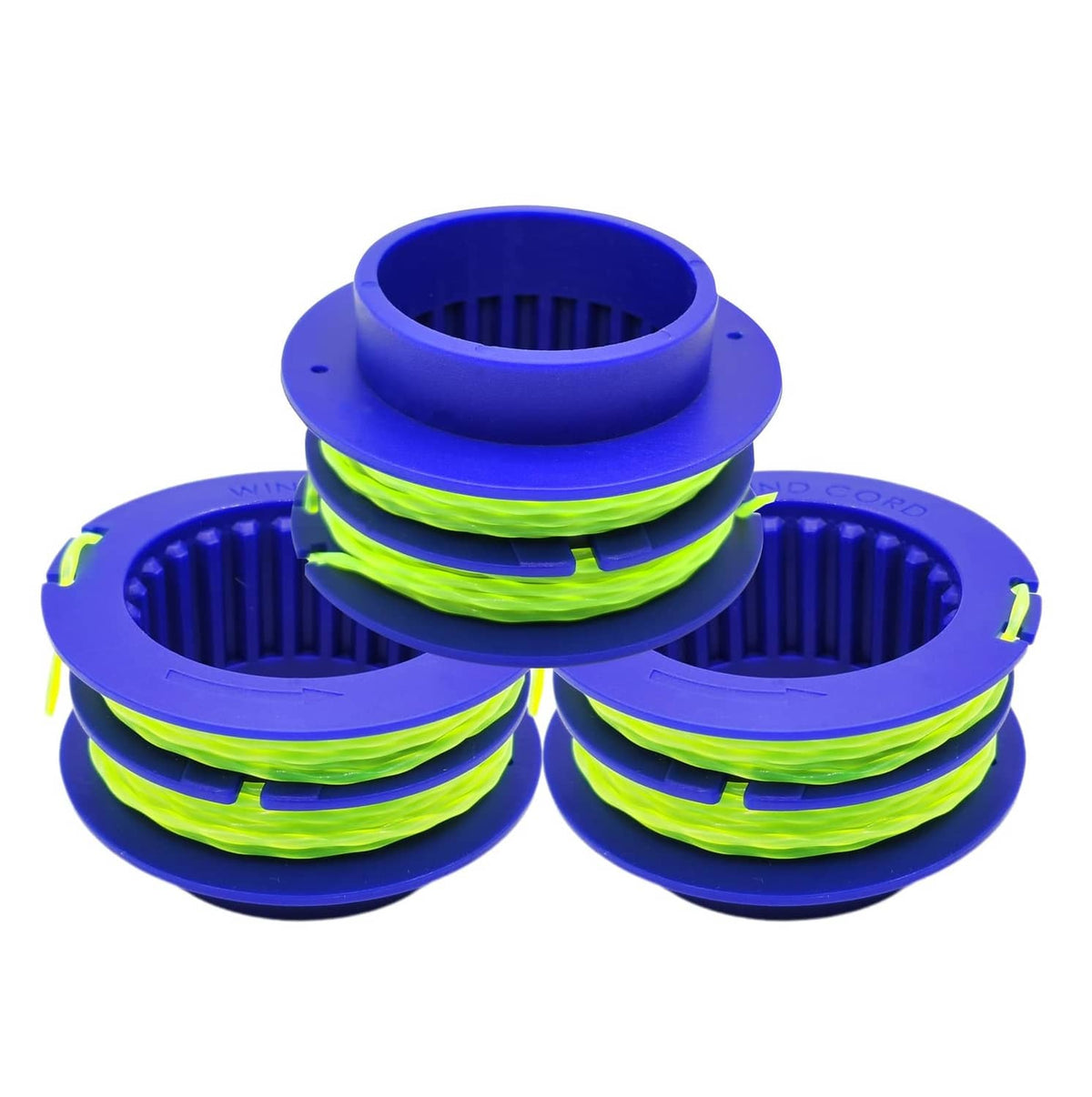 Three blue trimmer line spools with neon green cutting line, stacked view