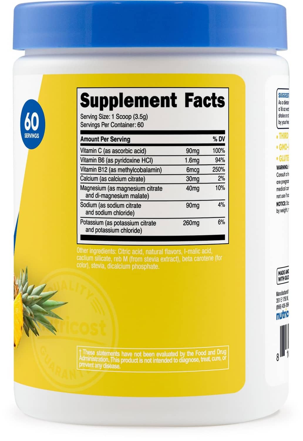 Supplement Facts panel on Nutricost electrolytes powder jar with blue cap