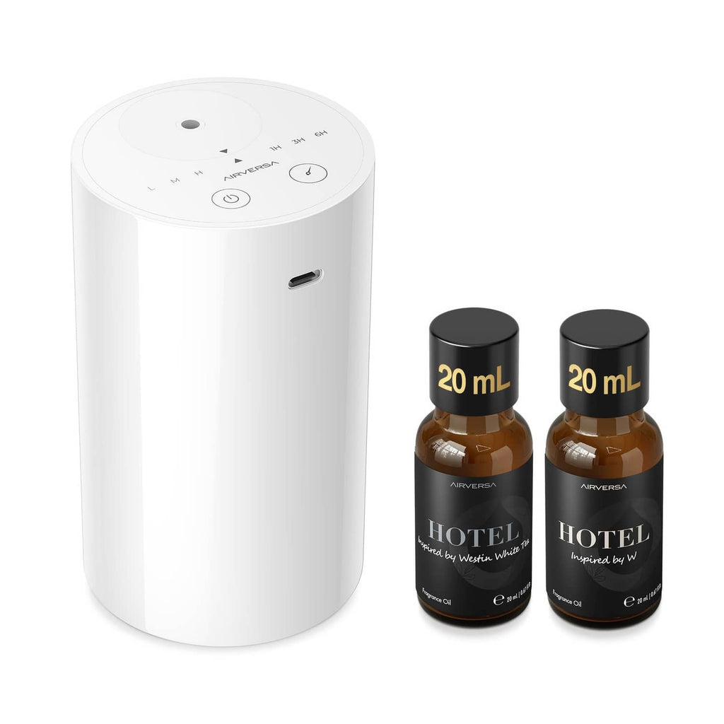 White waterless essential oil diffuser with top control panel and two 20 mL bottles