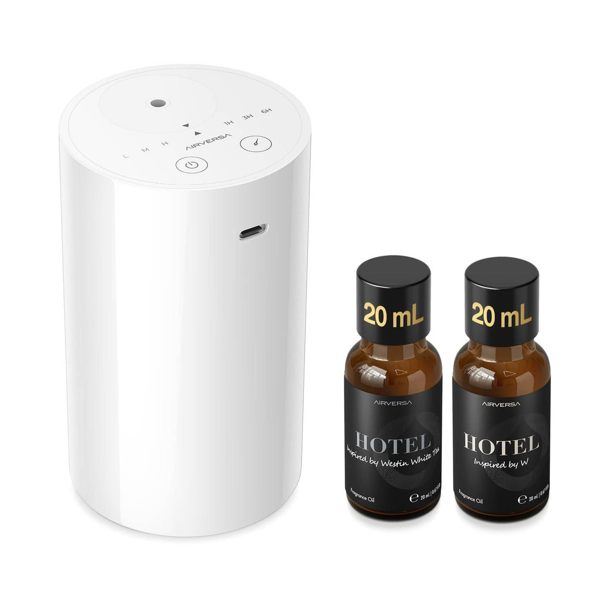 White waterless essential oil diffuser with top control panel and two 20 mL bottles