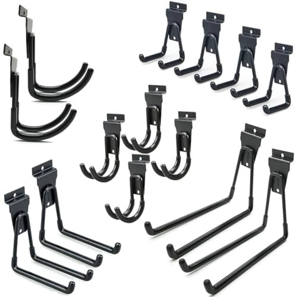 Set of black slatwall J-hooks with curved hooks and mounting plates, 14-pack