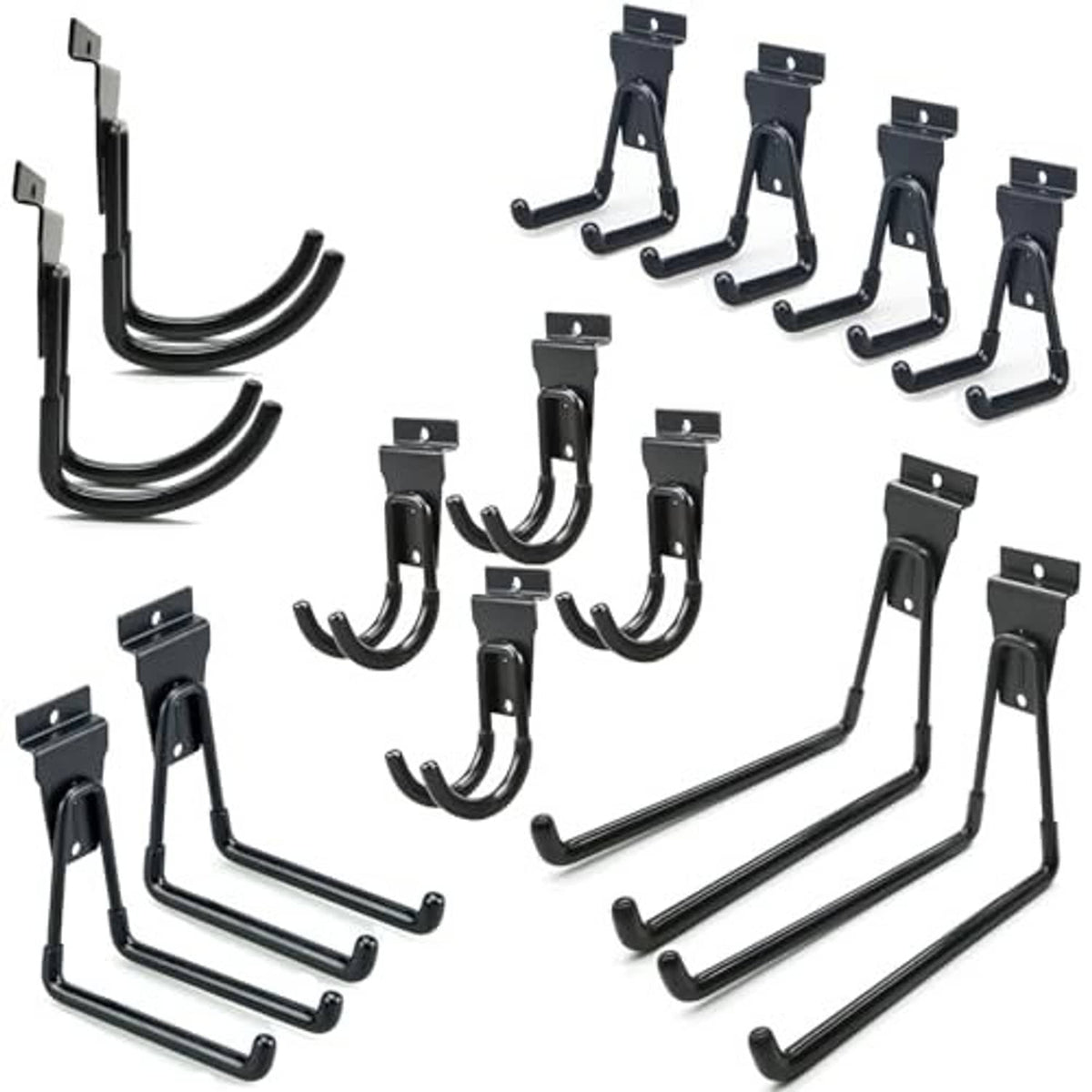 Set of black slatwall J-hooks with curved hooks and mounting plates, 14-pack