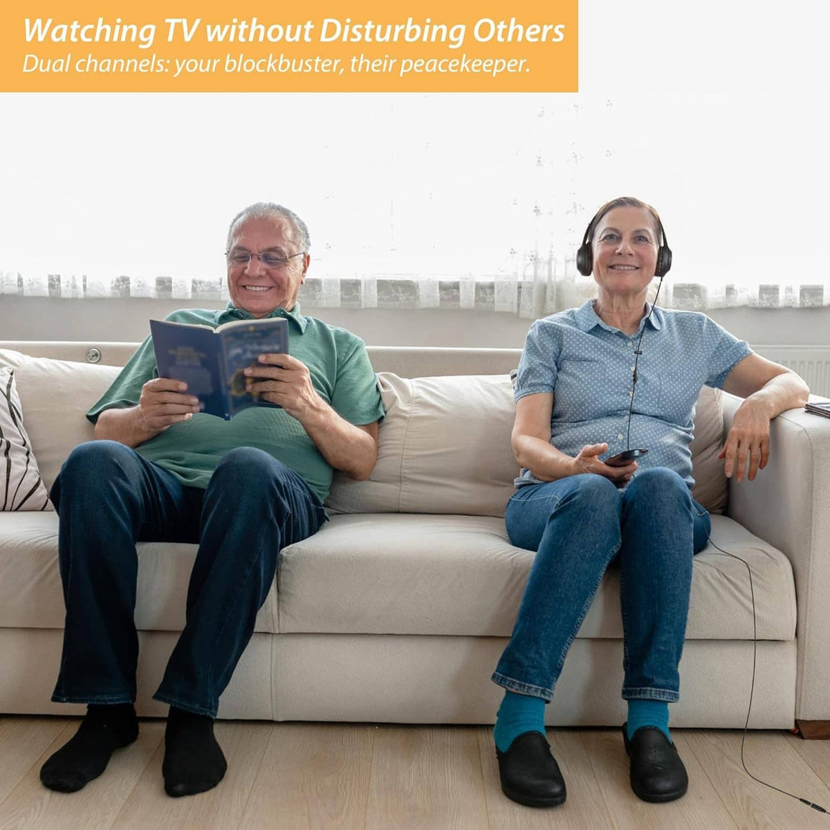Black wired headphone cord on a living-room sofa for shared listening