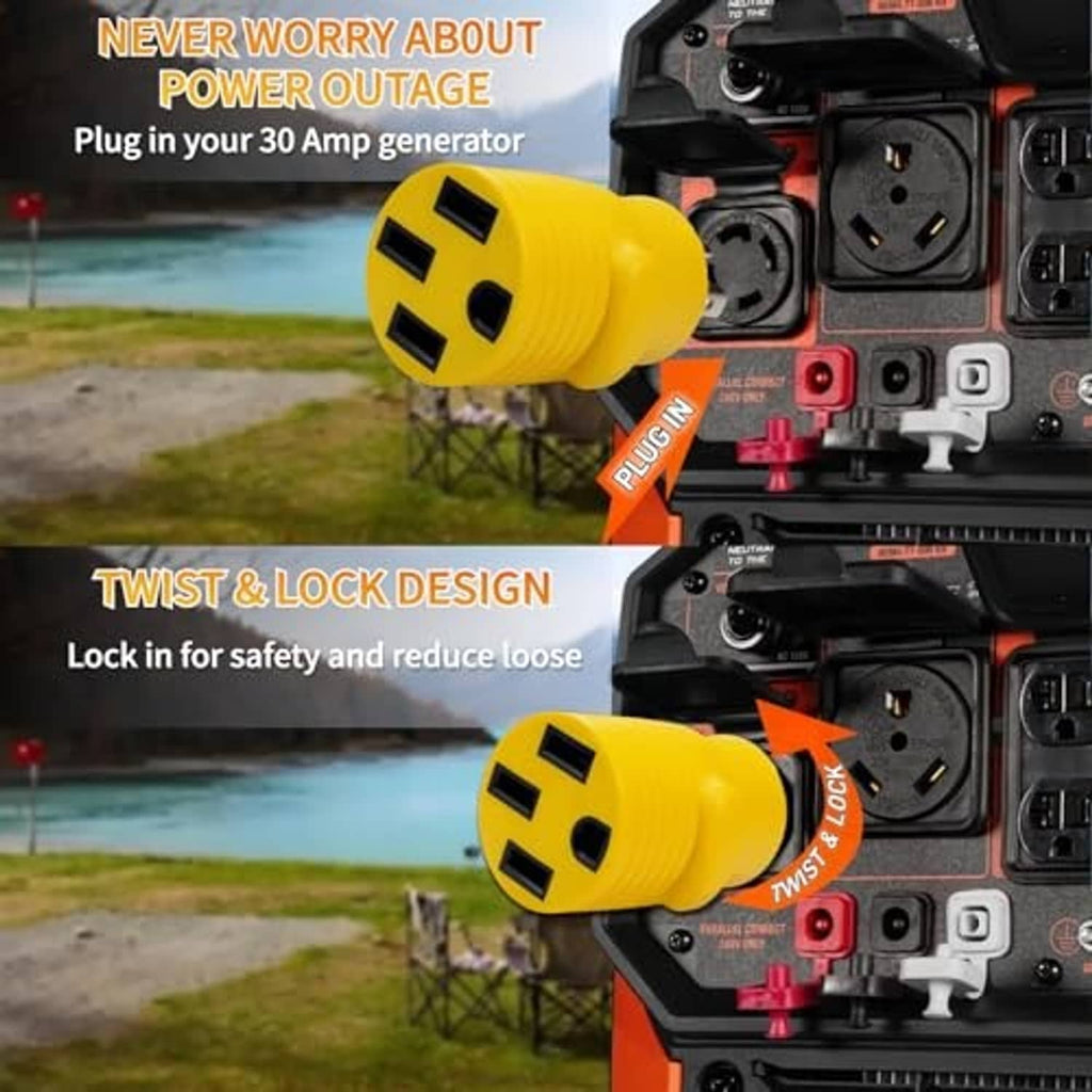 Yellow twist-lock adapter with 4-prong plug inserted and locked in place