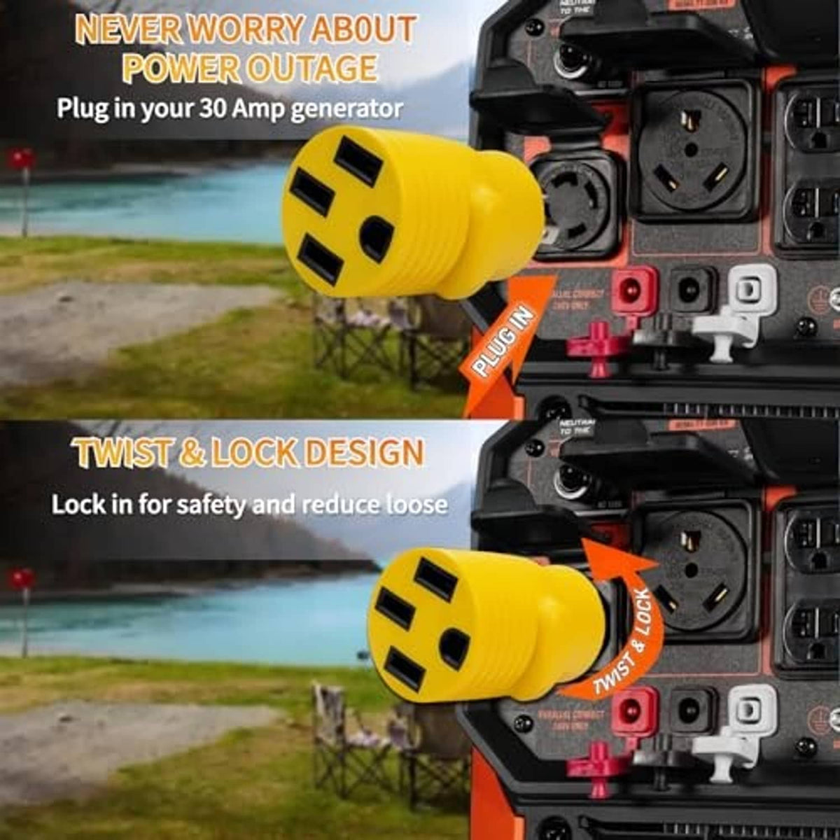 Yellow twist-lock adapter with 4-prong plug inserted and locked in place