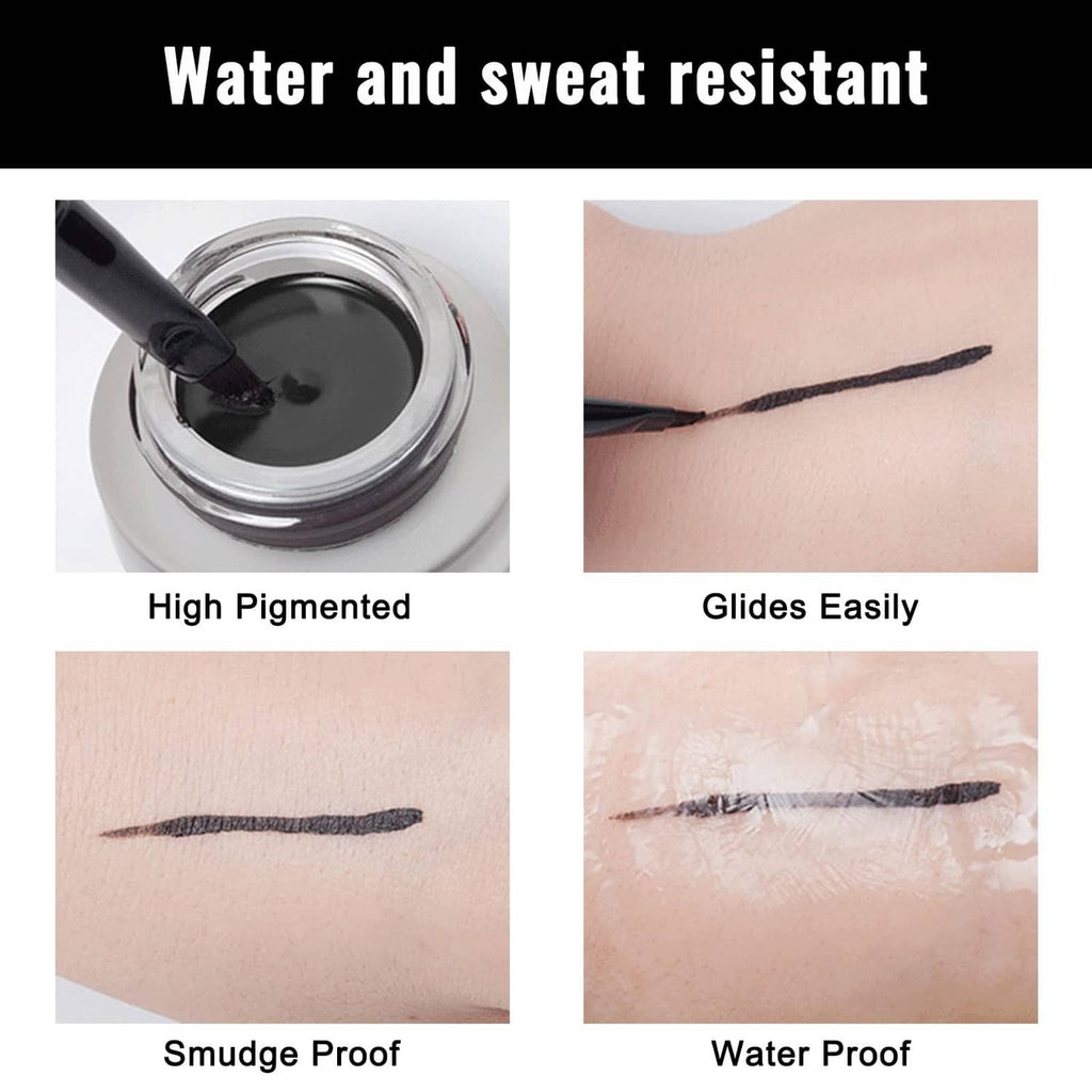 Black gel eyeliner smudge and water-splash swatches on skin