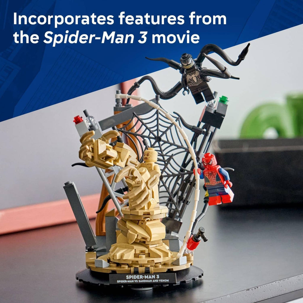 LEGO Spider-Man 3 webbed action build on a circular base with character minifigures