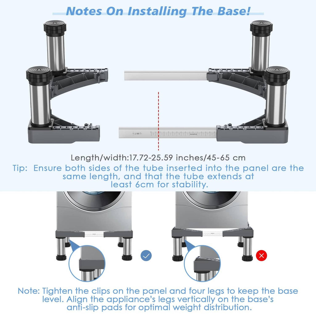 Adjustable base frame assembly showing four legs and length guidance for stability