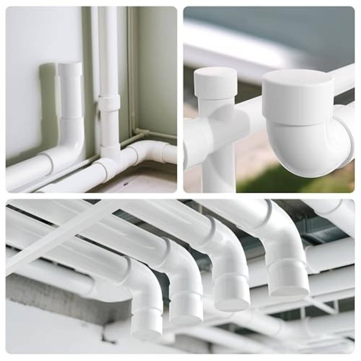White PVC pipe end caps covering pipe ends in a plumbing installation