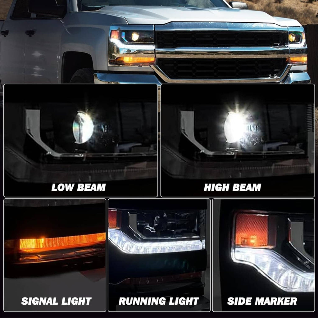Chrome headlight on truck showing low beam, high beam, signal, running, and side marker