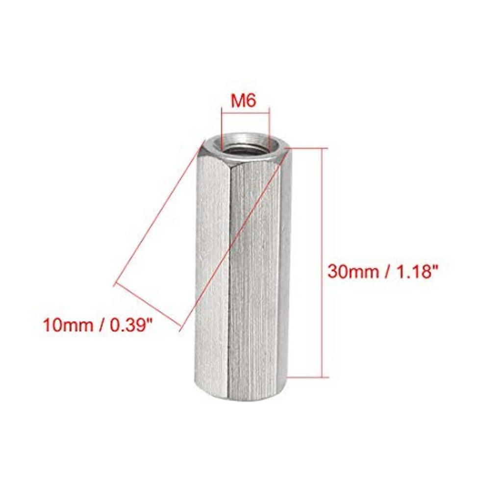 M6 threaded hex coupling, 30mm length, size guide shows 10mm and 30mm markings