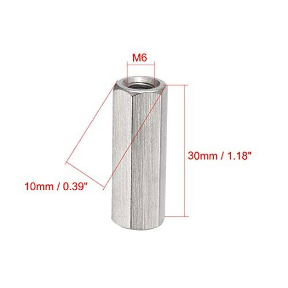 M6 threaded hex coupling, 30mm length, size guide shows 10mm and 30mm markings