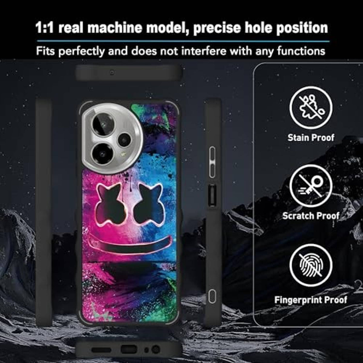 Rugged phone case with graffiti artwork and precise cutouts, thick protective edges.