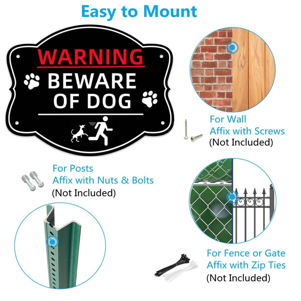 Black “WARNING BEWARE OF DOG” sign with mounting options: posts, wall, fence